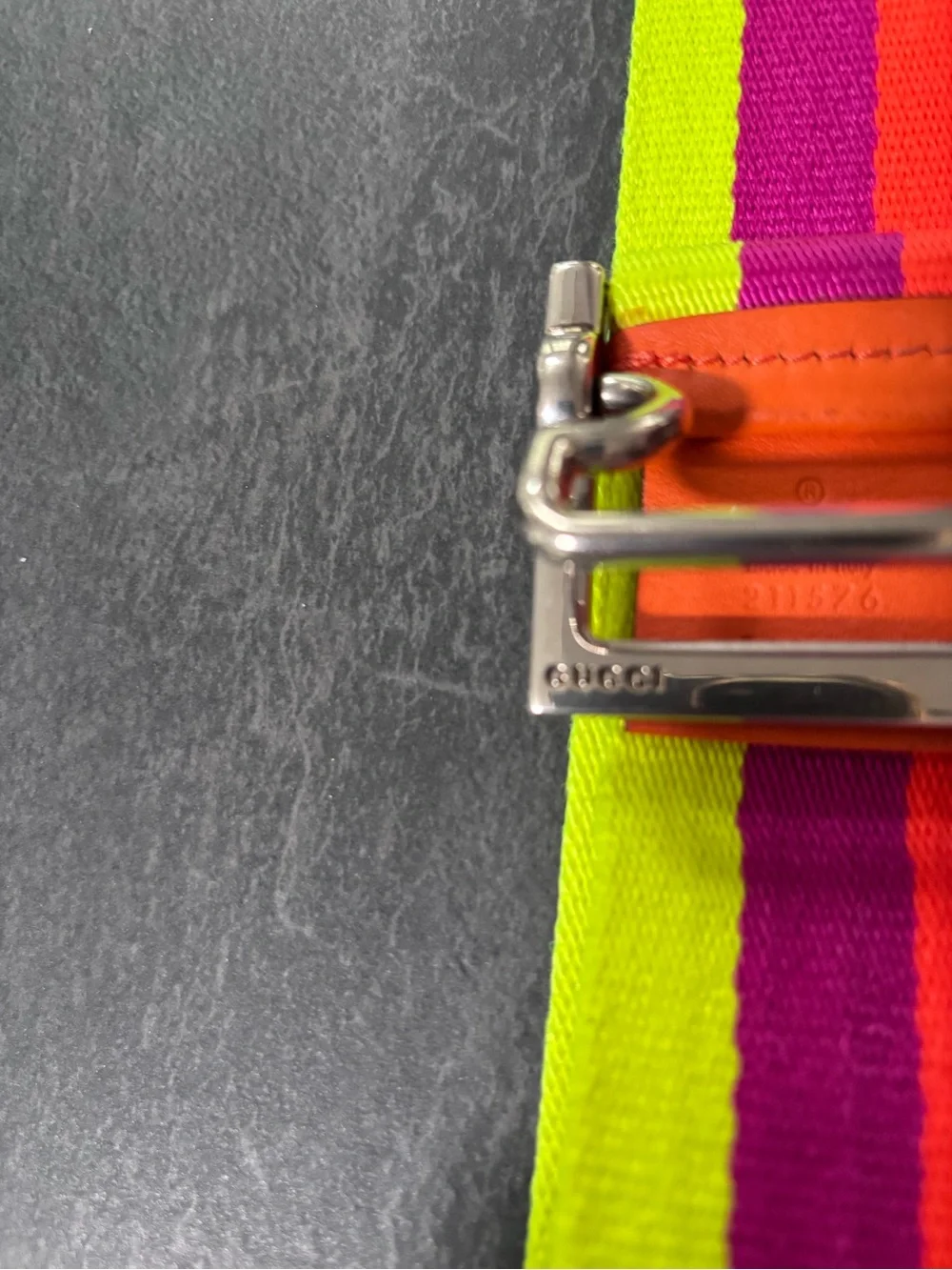 Gucci Men’s Neon Yellow Pink Orange Stripe Fabric Belt with Silver Buckle